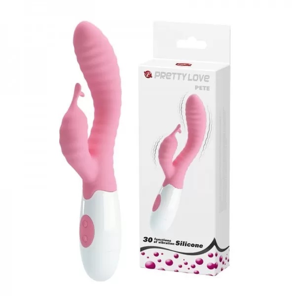 купить Вибро массажер с клиторальной стимуляцией PETE ребристым рельефом нежно розовый в интернет-магазине интим товаров «Штучки»